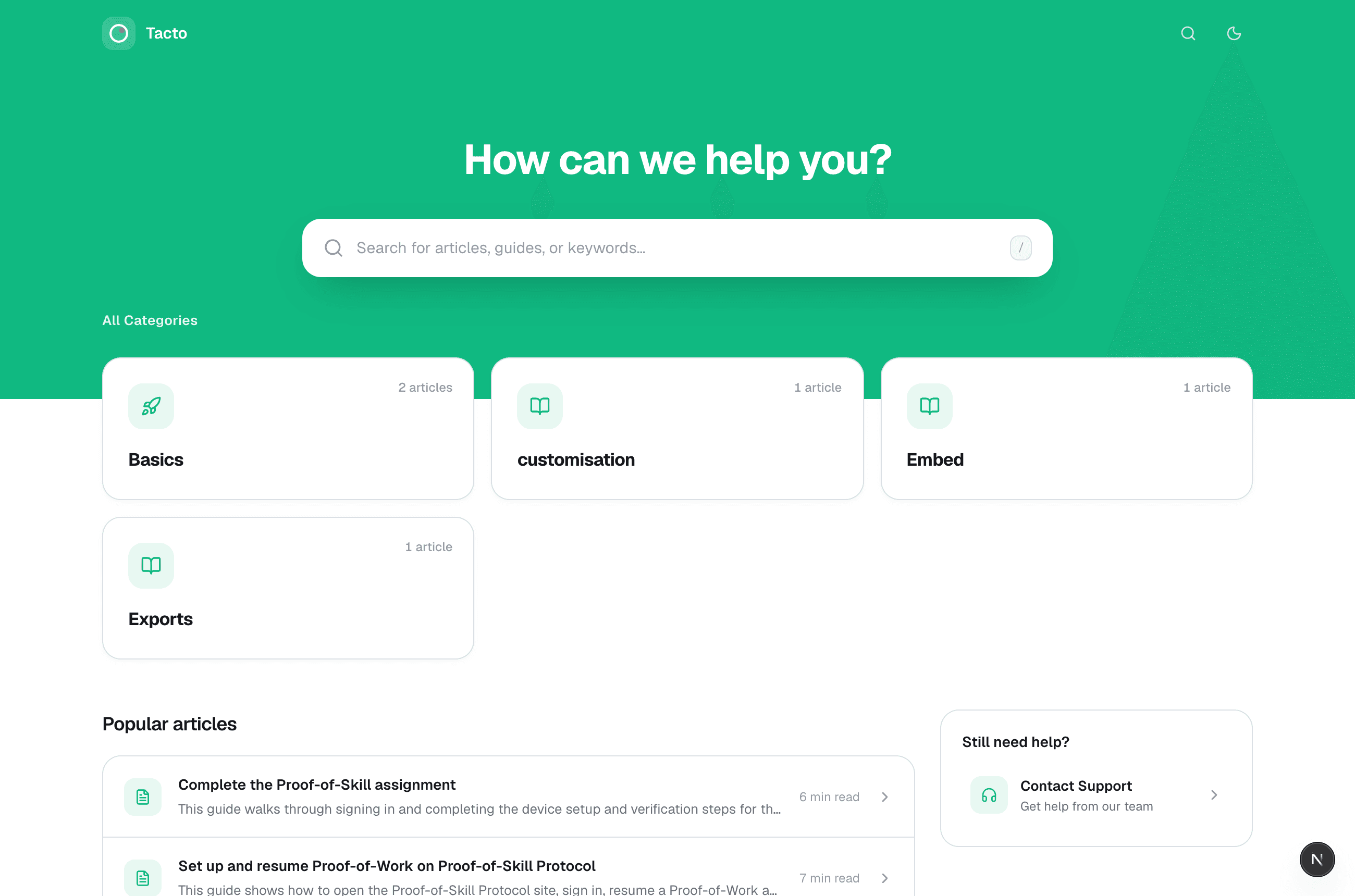 A branded, searchable Tacto help center